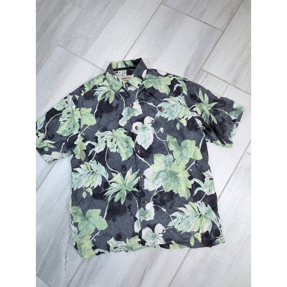 Tommy Bahama Mens M Silk Tropical Leaf Print Short Sleeve Camp Shirt Grey Green
